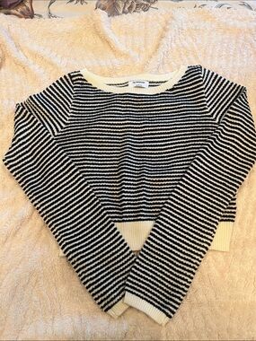 The Workshop Black and Cream Striped Crewneck Sweater